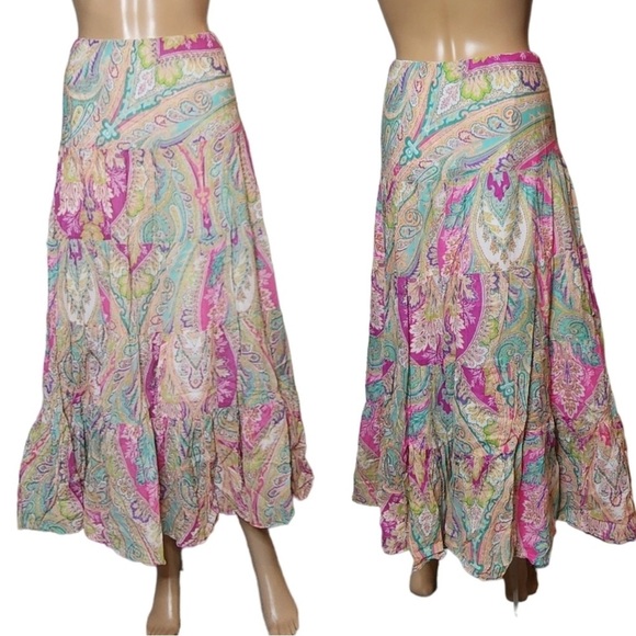 Lauren Ralph Lauren Pull On Tiered Maxi Skirt Multicolored Cotton Size S - Picture 1 of 8